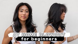 AT HOME HAIR BLOWOUT FOR BEGINNERS  How I Style My Curtain Bangs [upl. by Ativahs295]