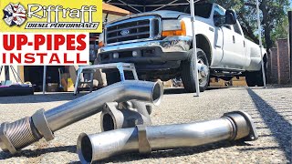 2001 F350 73  RiffRaff UpPipes Install  Stock up pipes leaking and falling apart JUNK SP [upl. by Steffy]