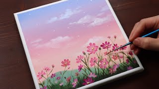 Cosmos Flowers  Landscape  Easy acrylic painting for beginners  PaintingTutorial  Painting ASMR [upl. by Zimmermann515]