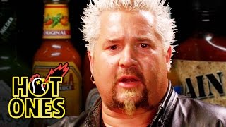 Guy Fieri Becomes the Mayor of Spicy Wings  Hot Ones [upl. by Enyawud220]