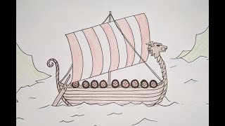 How Draw A Viking Long Boat drawing tutorial easy kids [upl. by Otcefrep232]